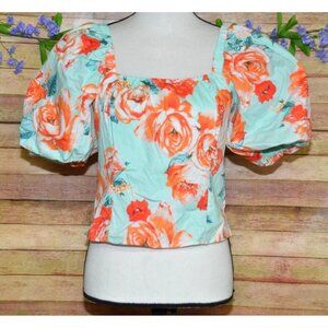 Buddy Love Green Floral Crop Blouse Top Size M Puff Sleeve Cottage Core Romantic